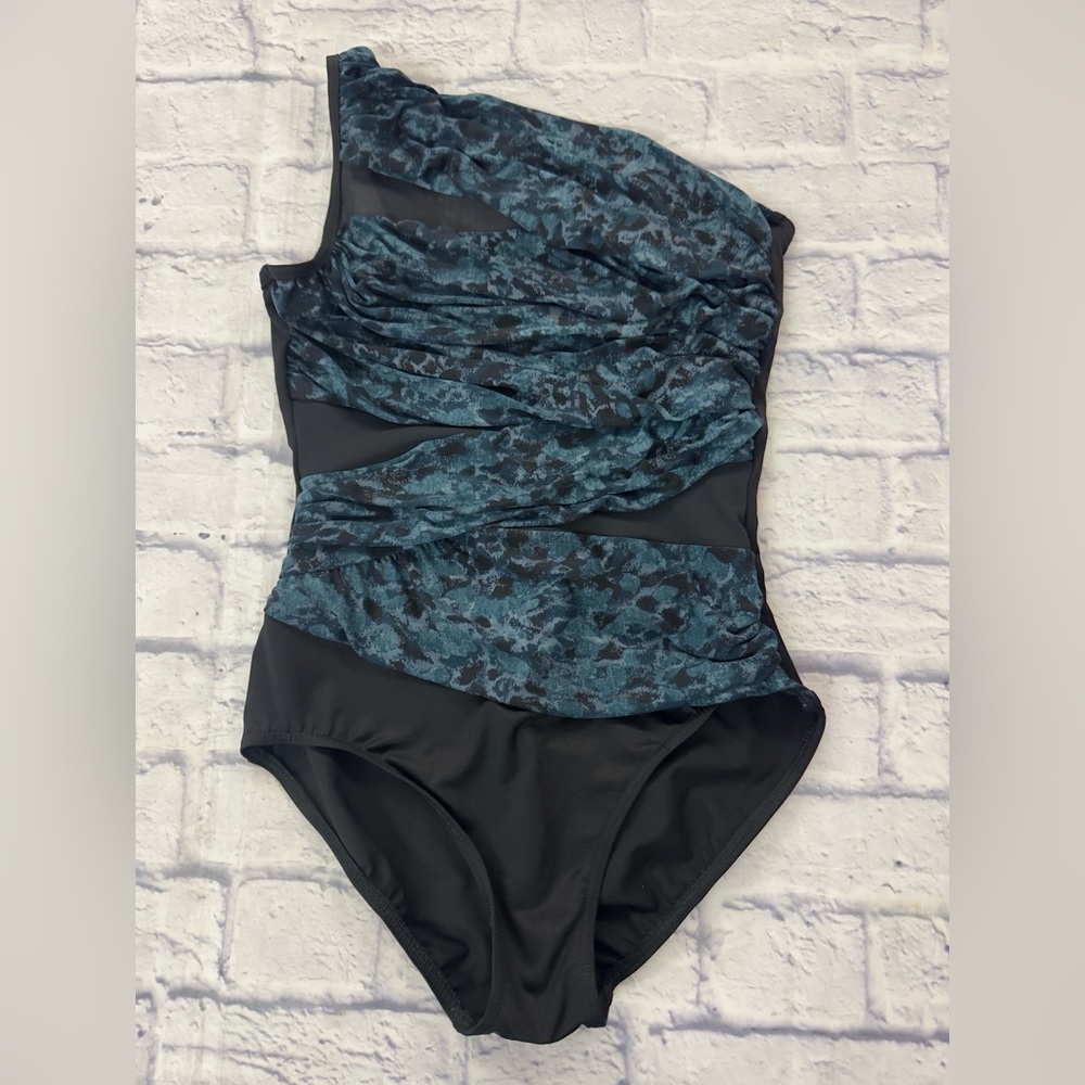 Miraclesuit Teal & Black Jena One Piece One Shoulder Swimsuit Size 12.